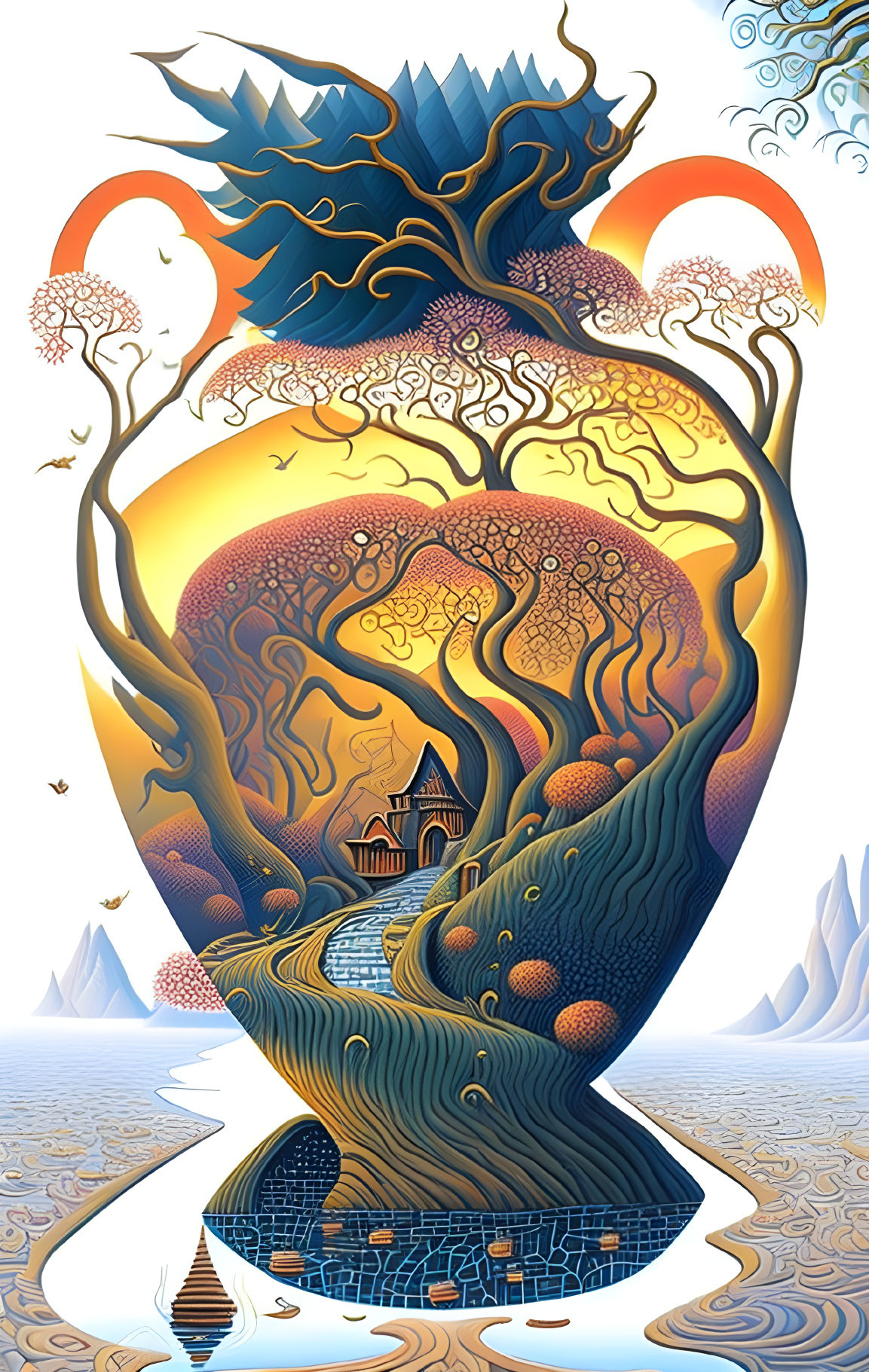 Vibrant surreal artwork: fluid tree form, winding paths, small house, birds, warm sky