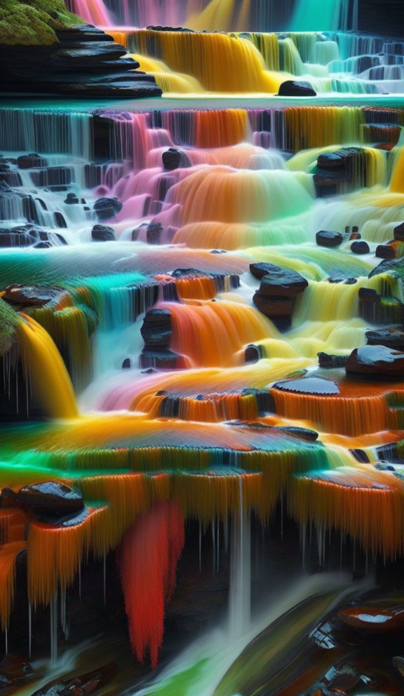 Vibrant Yellow, Blue, and Pink Terraced Waterfall on Moss-Covered Rocks