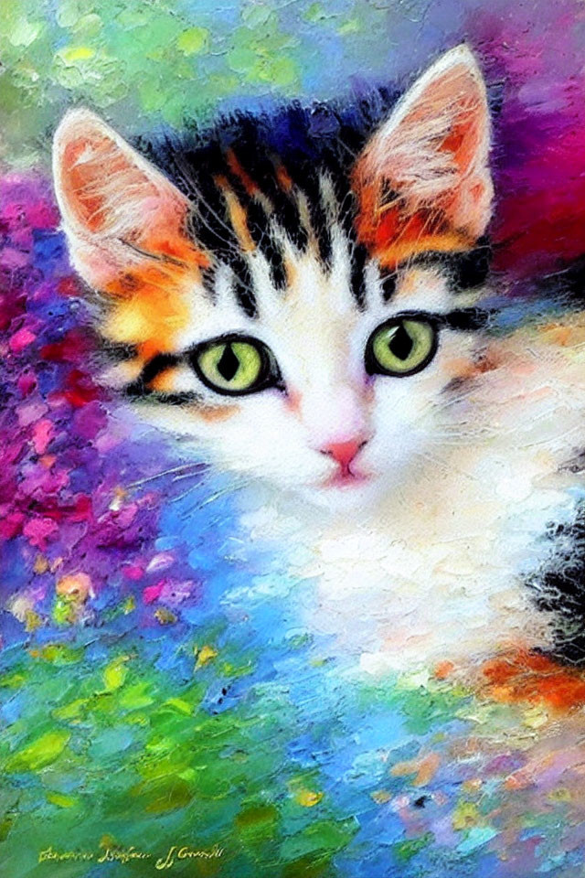 Colorful Impressionist-Style Painting of a Kitten with Green Eyes