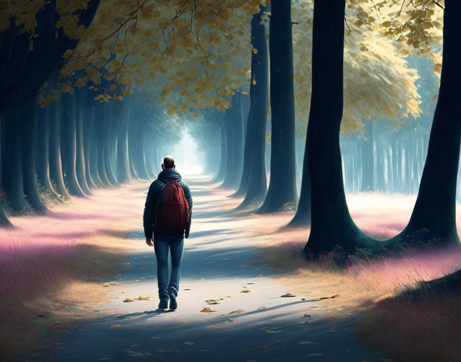 Person with Red Backpack Walking in Mystical Forest with Towering Trees