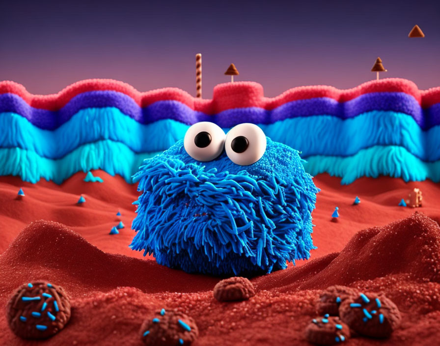 Blue Furry Creature in Whimsical Cake-Like Landscape