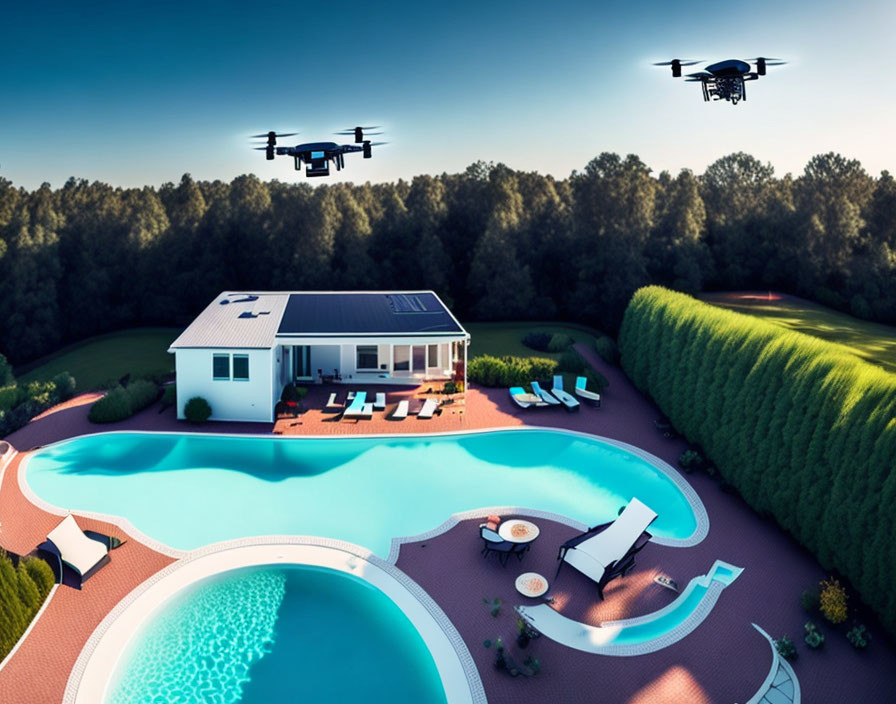 Luxurious backyard with solar-paneled house, pool, and drones.