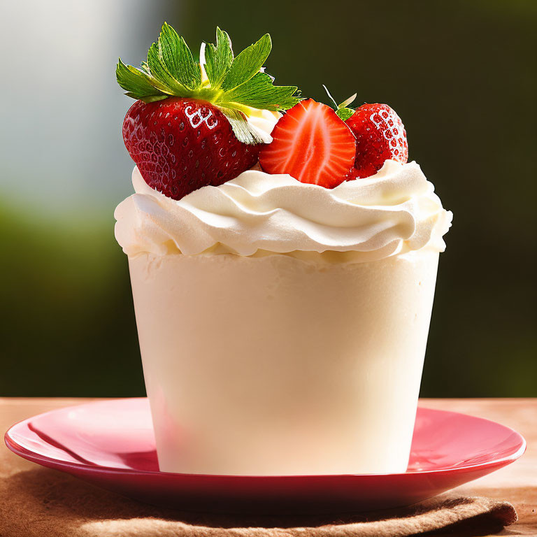 Creamy dessert with strawberries and whipped cream on red plate