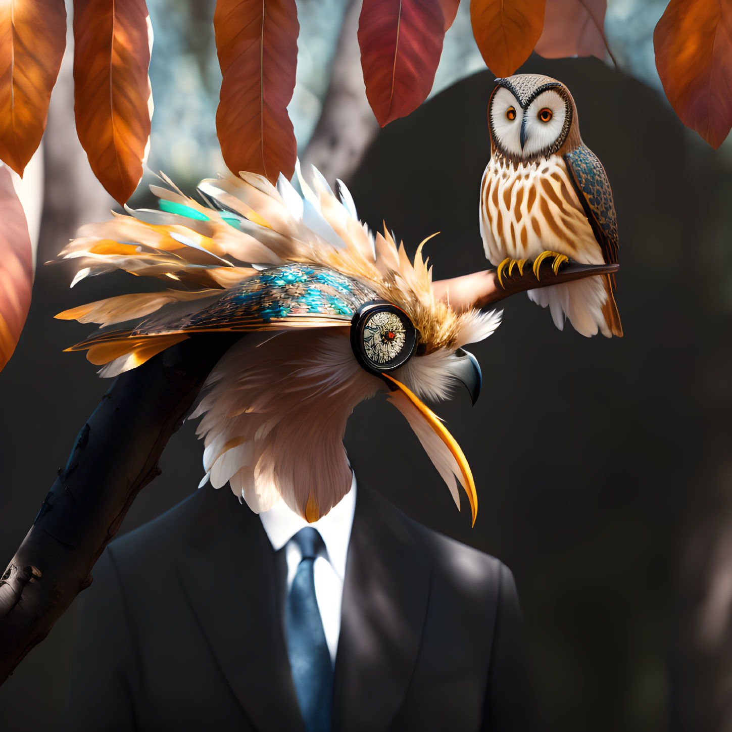 Anthropomorphic eagle in suit with mechanical eye observed by owl in forest