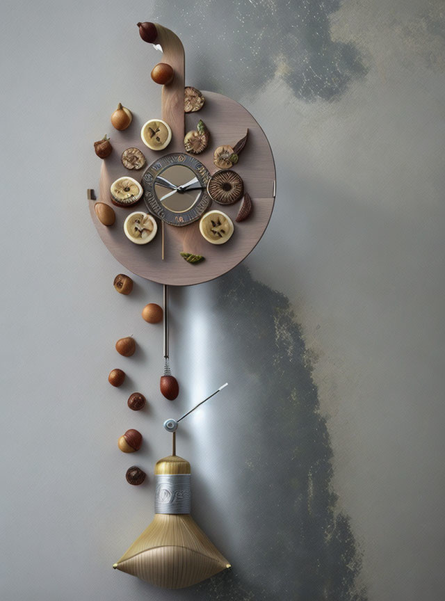 Spiral design wall clock with nuts and figs on grey background