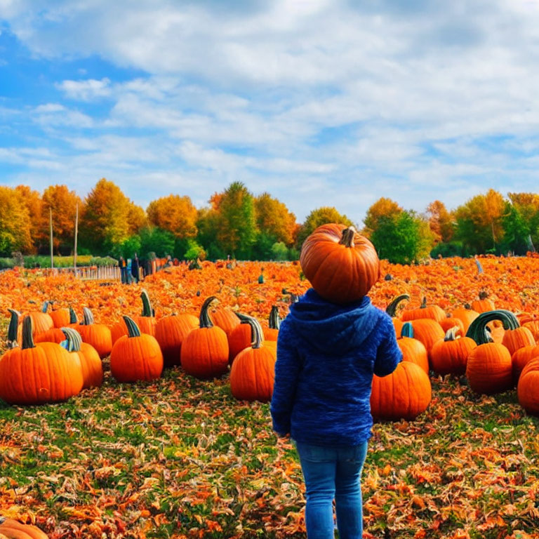 Child with pumpkin head in vast pumpkin patch with autumn trees