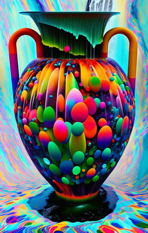 Colorful digital artwork: Vase overflowing with spheres on psychedelic background