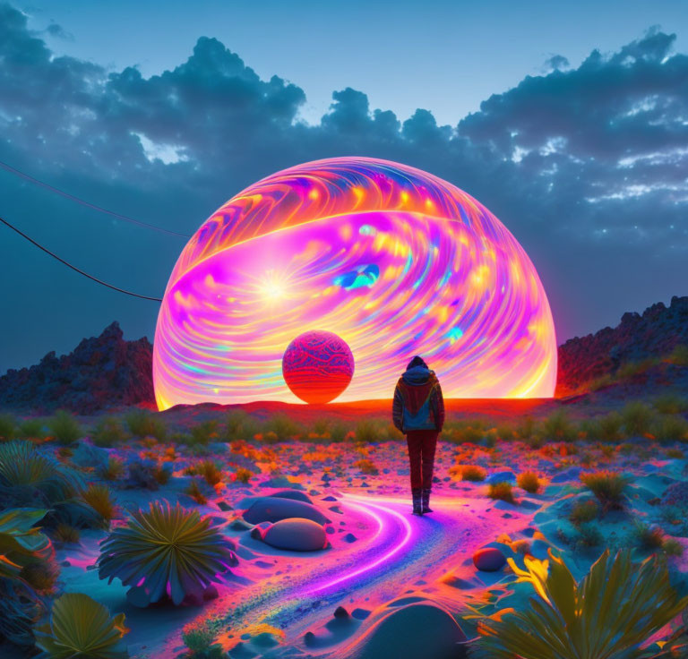 Person standing before surreal glowing orb in desert twilight