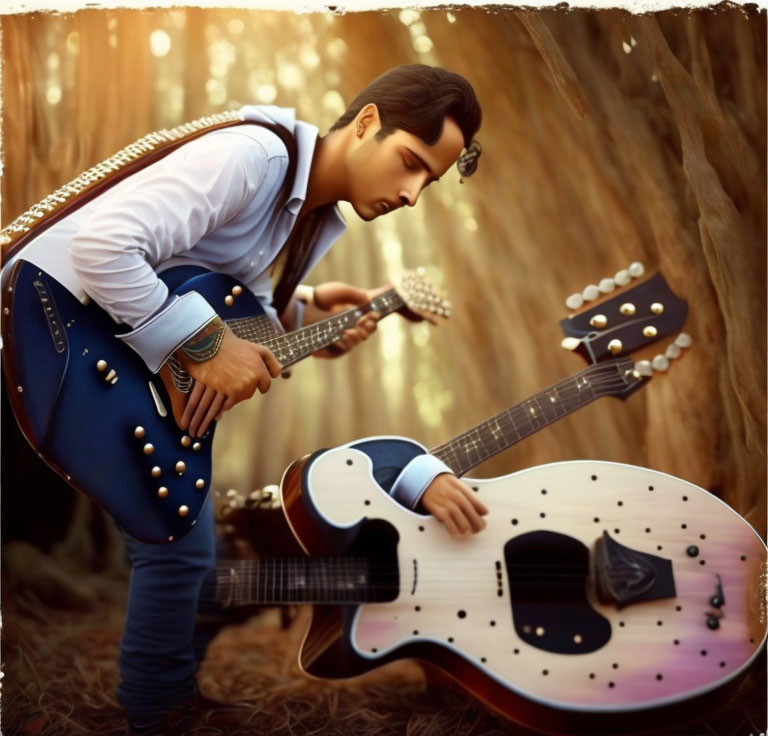 Person tuning blue electric guitar in woods with white guitar nearby