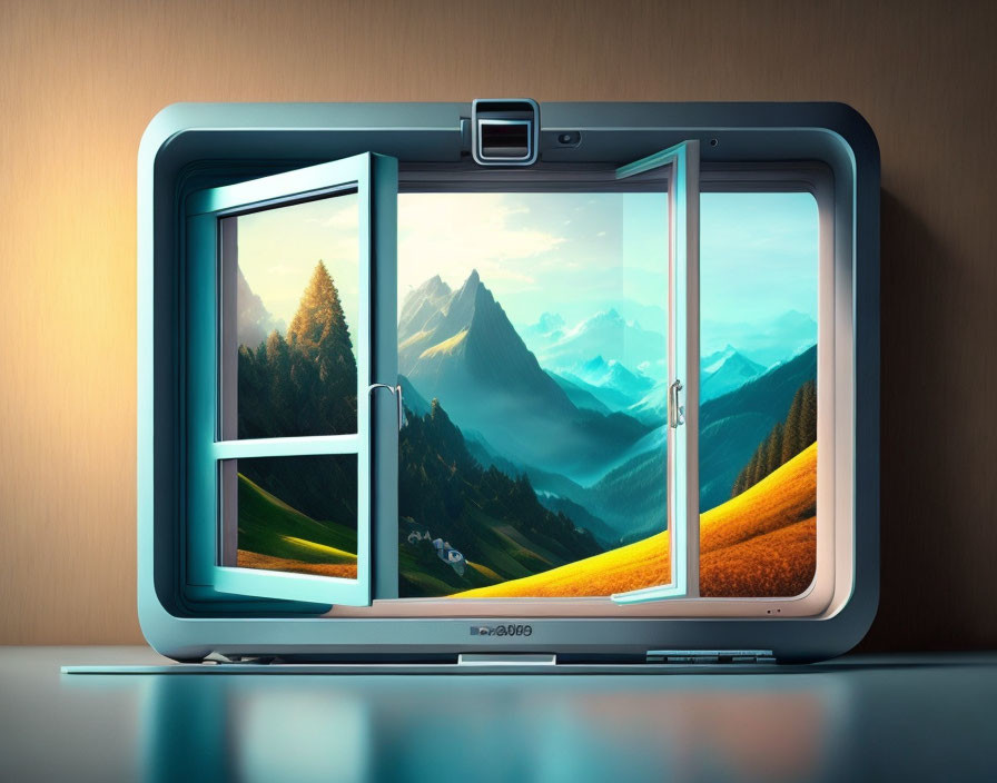 Surreal laptop image with window interface showing vibrant landscape