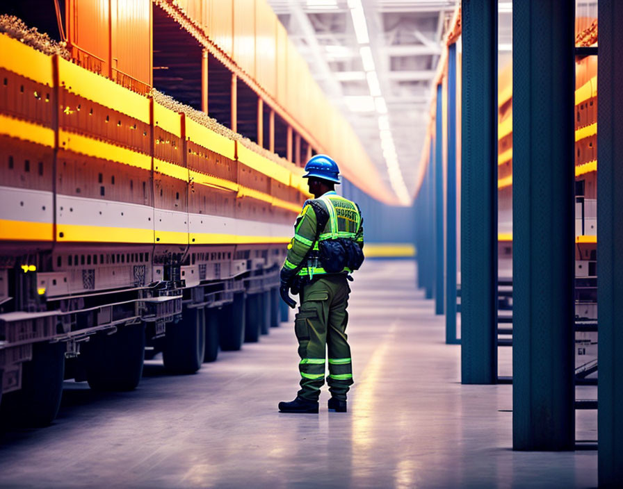 Warehouse worker in high-visibility gear and hard hat amidst stocked shelves.