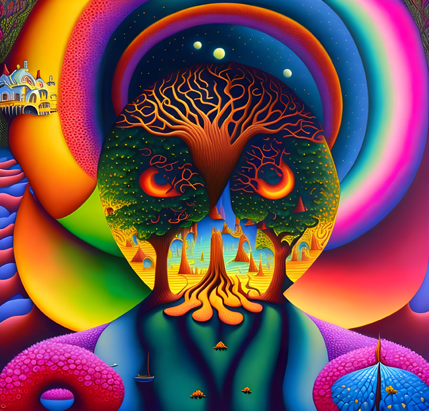 Colorful Psychedelic Artwork: Tree with Eyes, Castle, and Celestial Elements