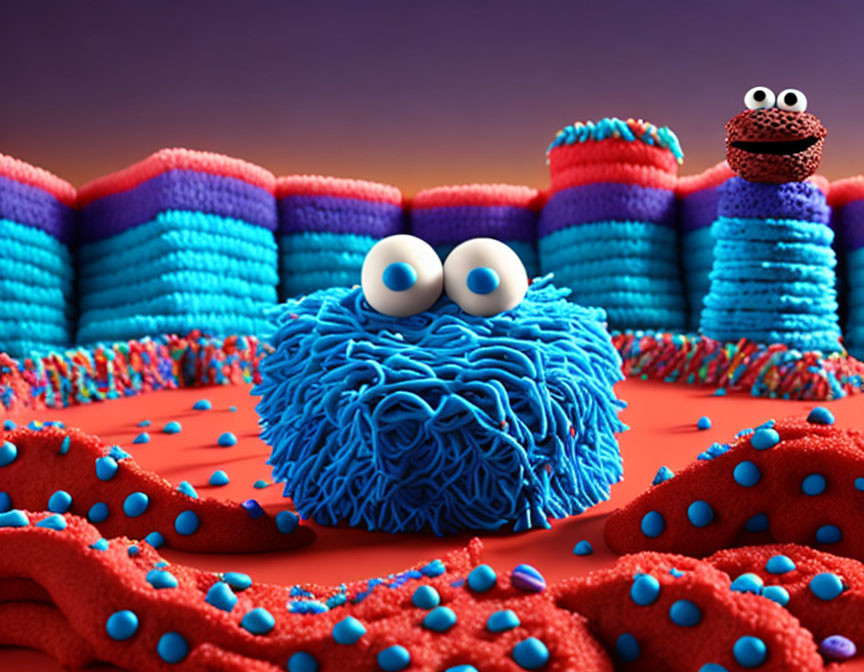 Blue Cookie Monster-like characters in 3D animation peeking over patterned surface