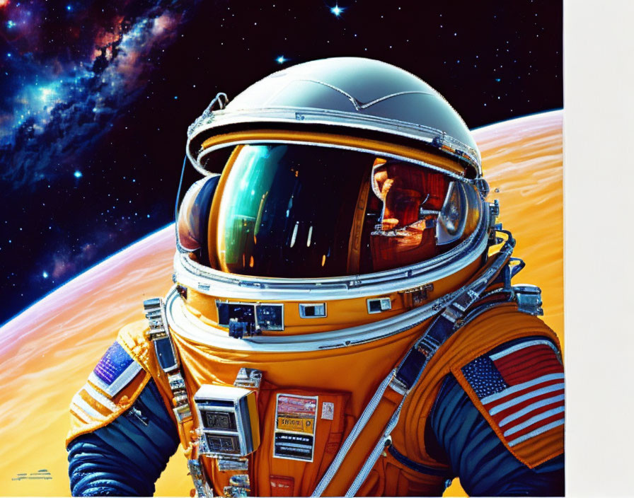 Astronaut in orange suit with American flag patches in outer space with vibrant orange planet