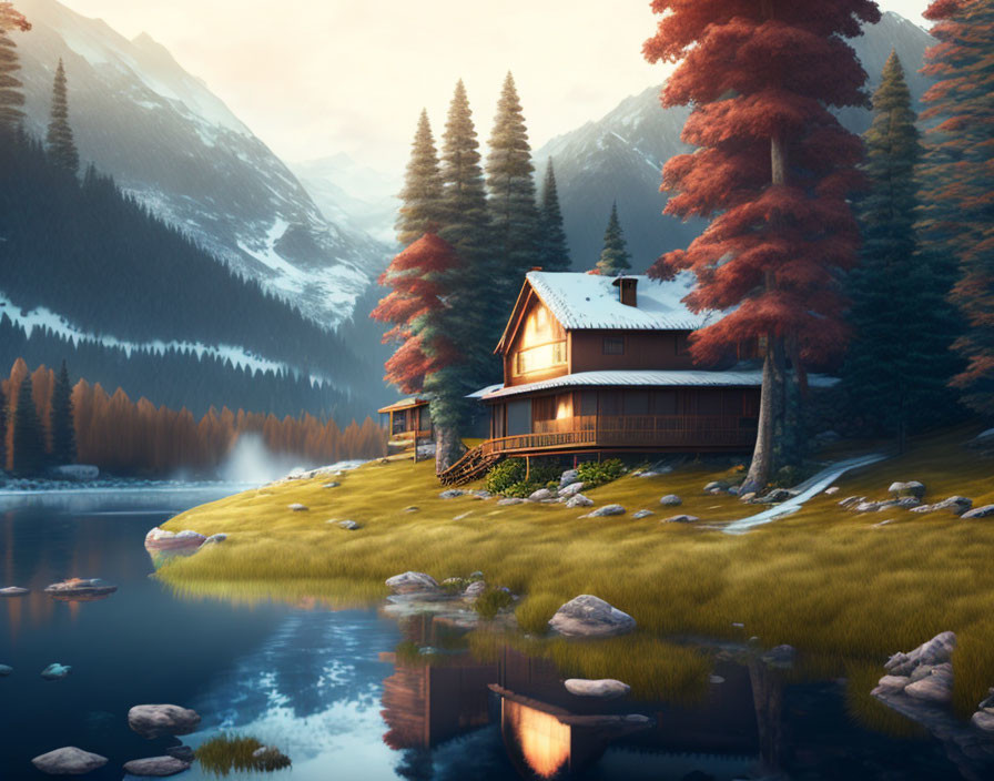 Tranquil cabin by lake with misty mountains at golden hour