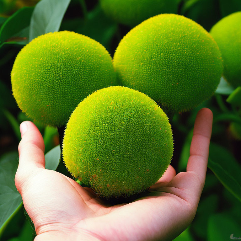 Vibrant green spiky fruit held by hand in foliage background