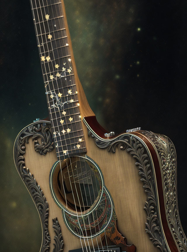 Ornate acoustic guitar with star inlays and detailed carvings