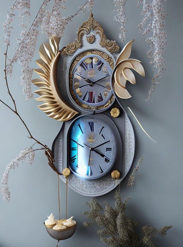 Golden and Blue Ornate Cuckoo Clock with Floral Design on Gray Background