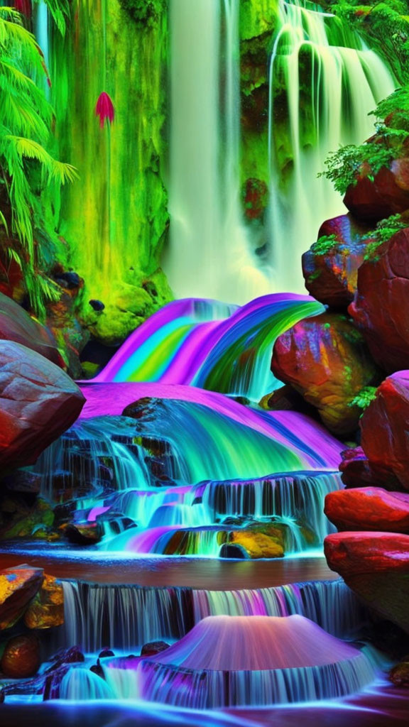 Vibrant digital image: Neon waterfall over colorful rocks in lush setting