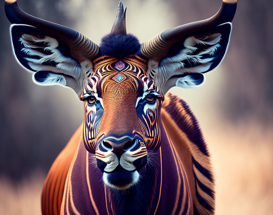 Intricately painted antelope with vivid patterns on face and horns