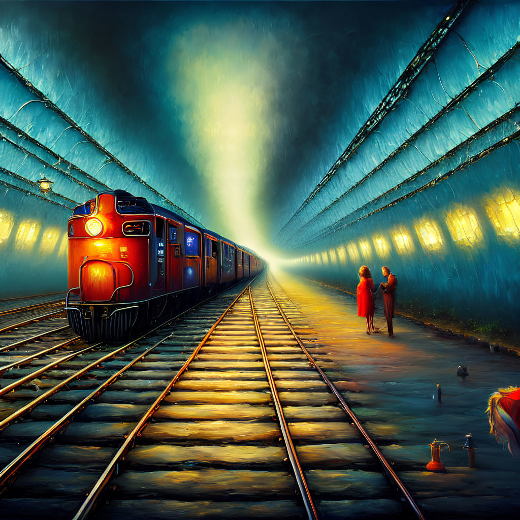 Colorful painting of red train in tunnel with waiting people and atmospheric lighting