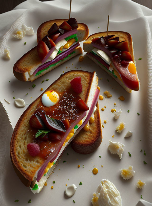 Gourmet sandwiches with assorted fillings on white cloth with sauce and crumbs.