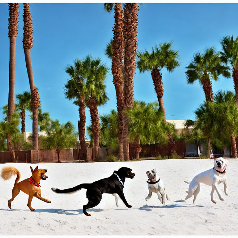 Four dogs playing on sandy beach with palm trees and blue sky