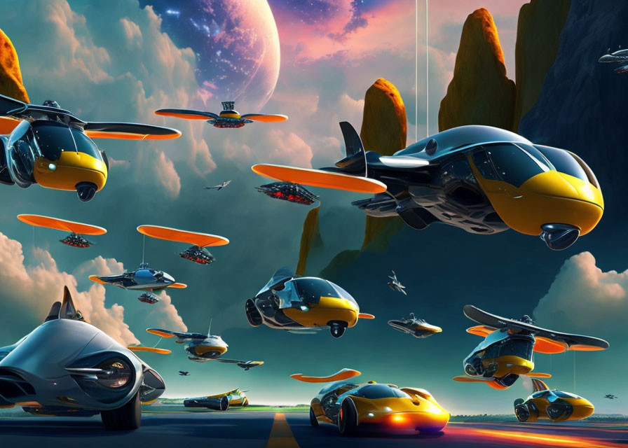 Propeller-equipped futuristic vehicles flying over rocky landscape with large planet.