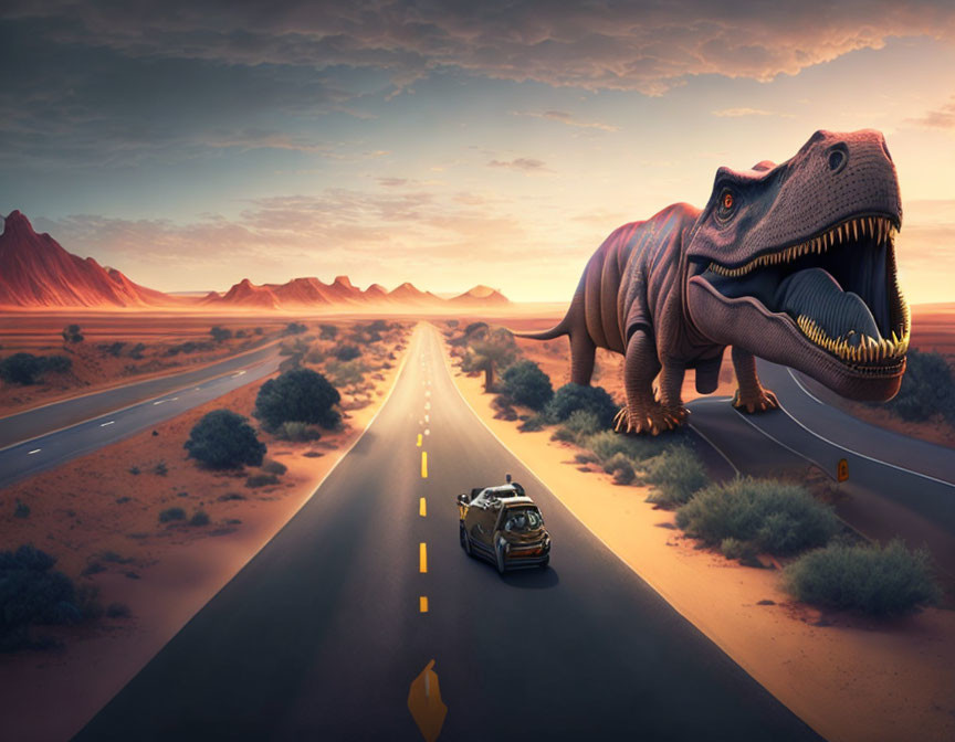 Giant T-Rex chasing car on desert road at sunset