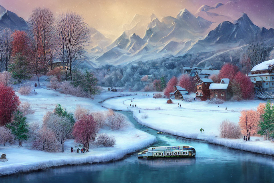 Snow-covered winter landscape with river, boats, people, houses, mountains at twilight