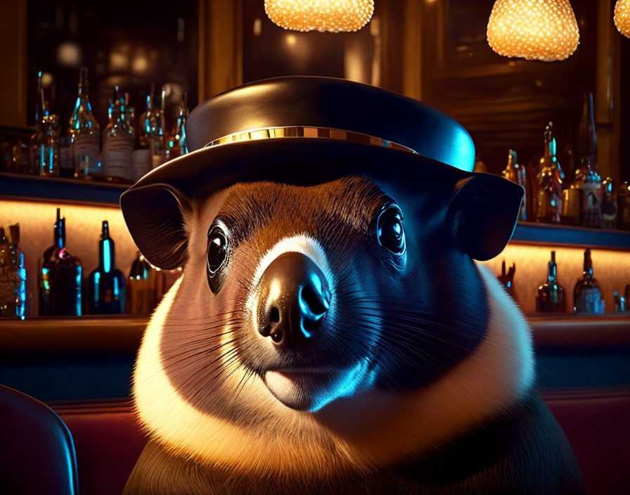 Anthropomorphic capybara in hat at bar with warm lighting