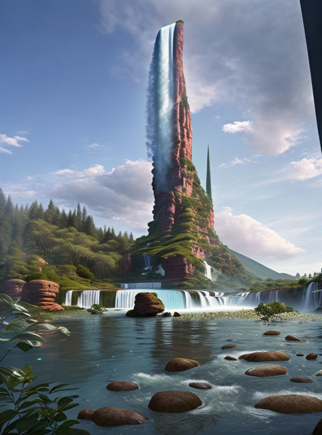 Majestic rock spire, lush forests, powerful waterfall landscape