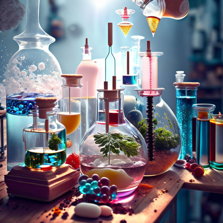 Colorful Chemistry Lab Setup with Vibrant Liquids and Plants