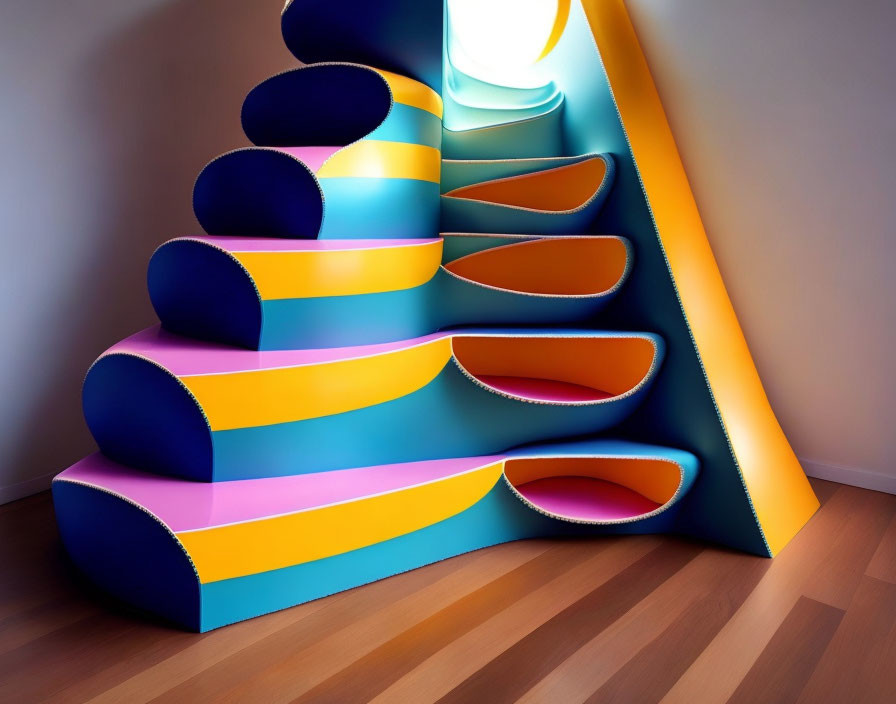 Colorful surreal staircase on wooden floor and cream wall