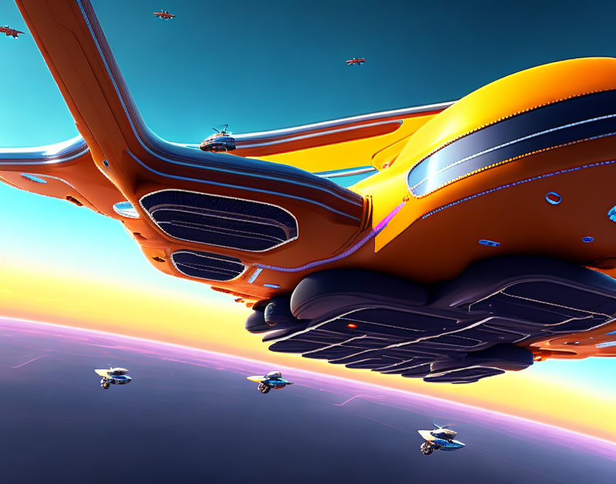 Orange futuristic aircraft with wings and engines flying over a colorful planet's horizon.