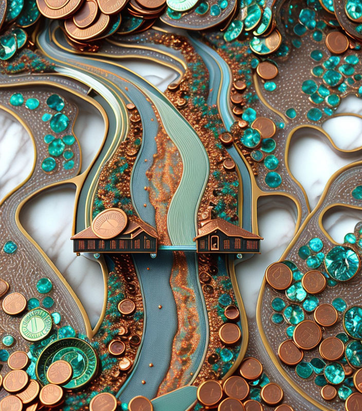 Detailed artwork with winding pathways, coins, crystals, copper & turquoise palette