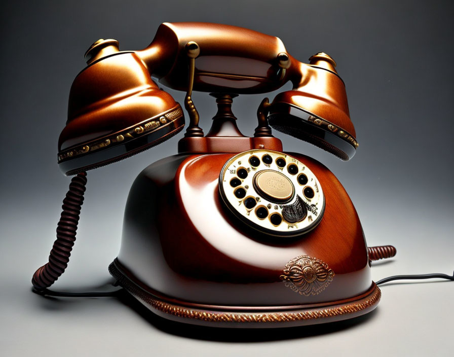 Metallic Copper Vintage-Style Telephone on Gradient Gray Background