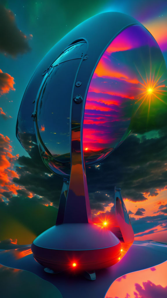 Transparent dome spacecraft with extended landing gear in vivid sunset sky