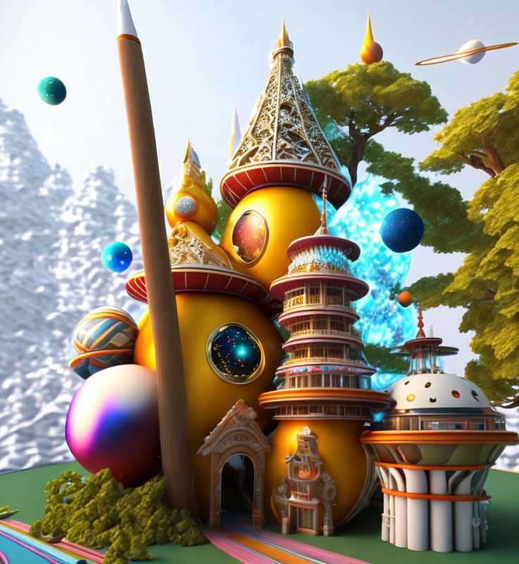 Colorful 3D illustration of whimsical castle with spherical and conical towers