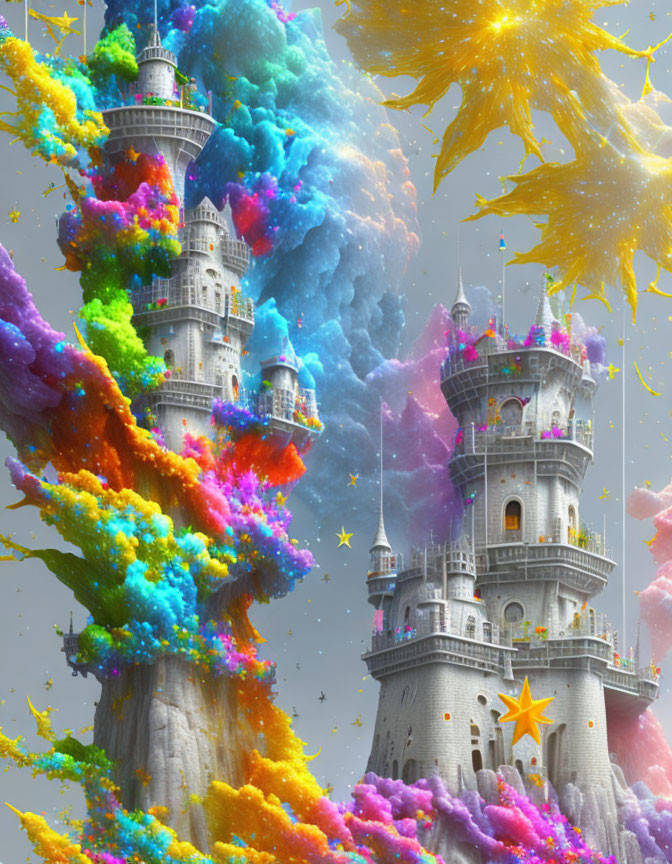 Fantastical castle with colorful clouds and sparkling stars