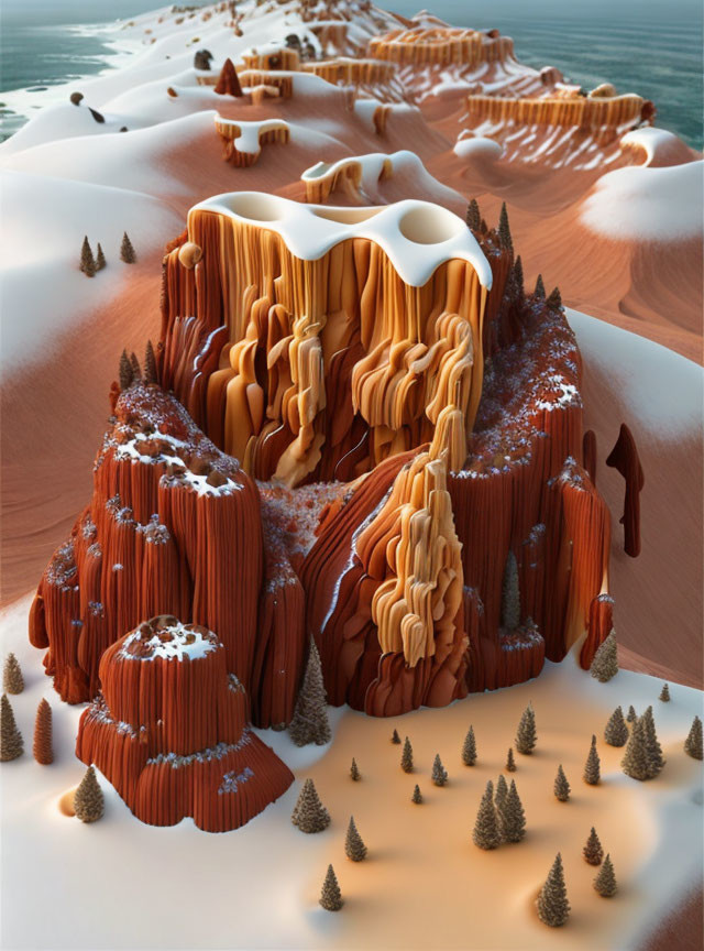 Snow-capped rock formations in surreal forest landscape