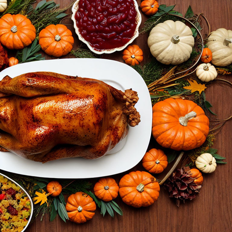 Thanksgiving feast with roasted turkey, pumpkins, cranberry sauce, and stuffing.