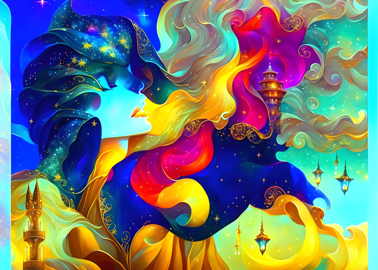 Colorful cosmic woman illustration with flowing hair and lanterns on vibrant backdrop