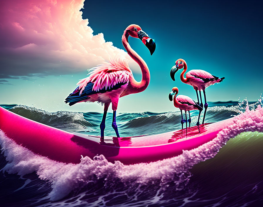 Three vibrant pink flamingos on surreal magenta wave under dramatic pink and blue sky