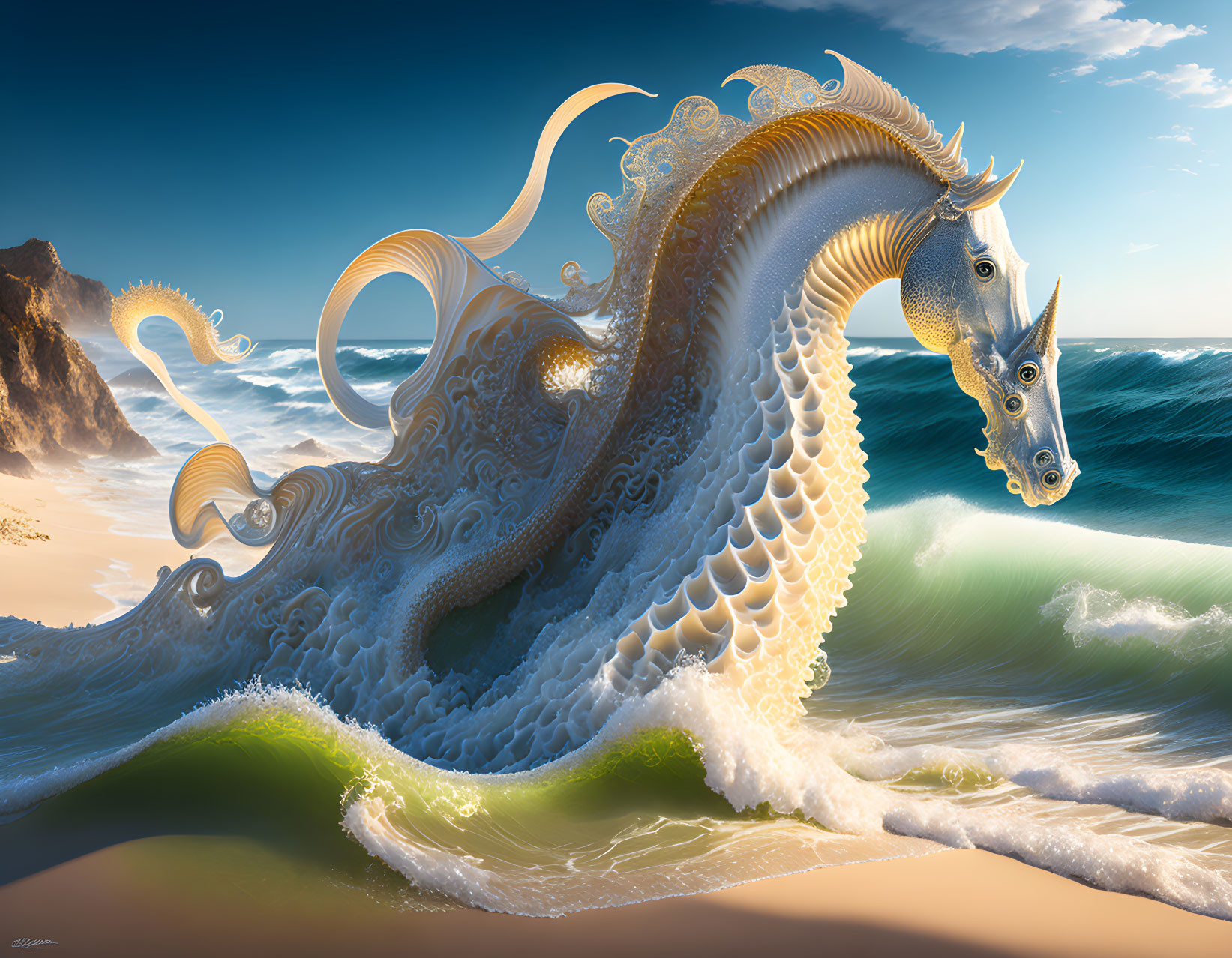 White Sea Dragon Emerges from Ocean Waves onto Sandy Beach