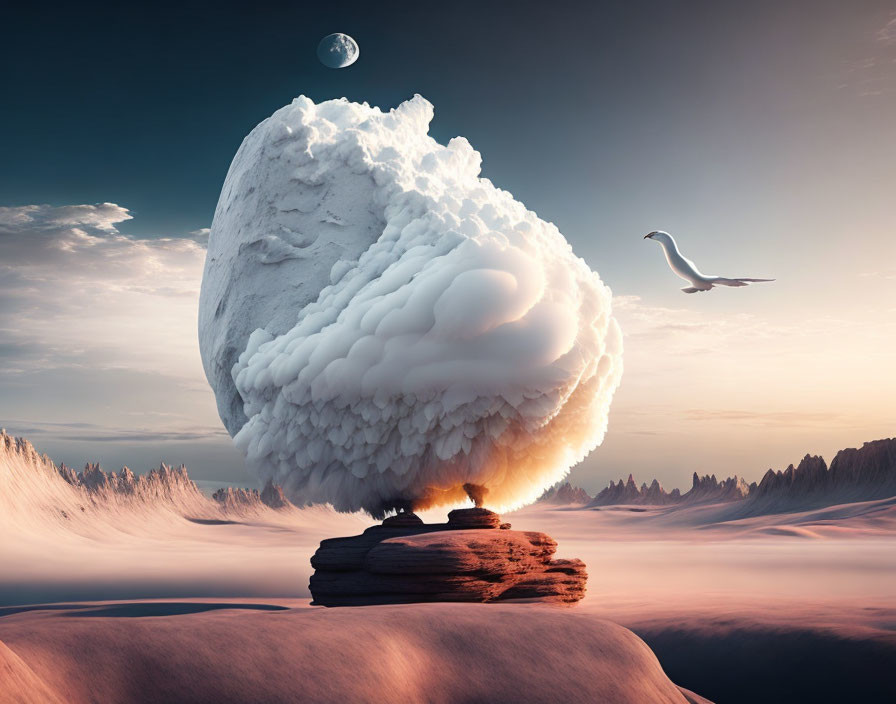 Levitating boulder in surreal misty landscape