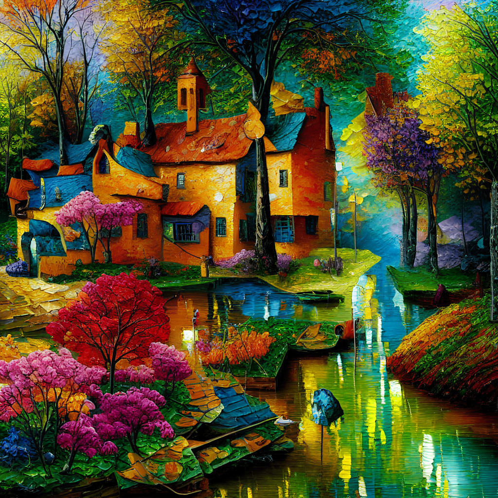 Colorful Artwork of Whimsical Village with Lush Trees and Stream