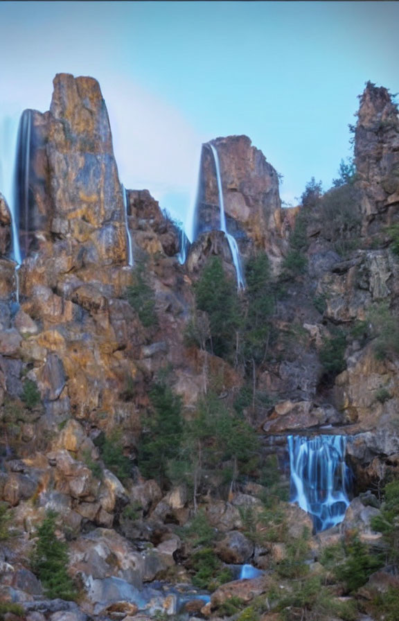 Tranquil waterfall cascading down rugged cliffs amidst greenery