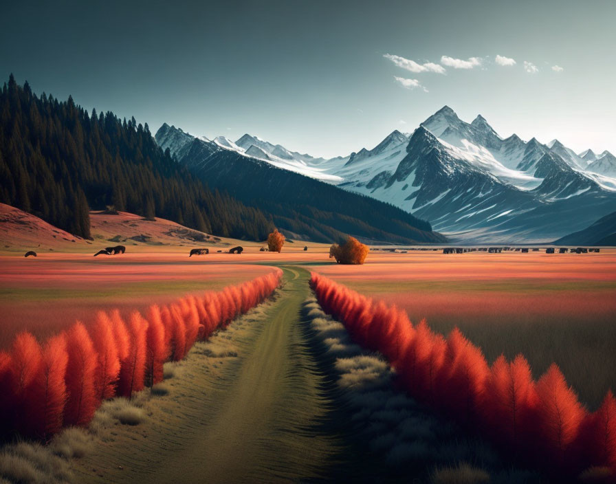 Tranquil landscape: dirt road, red fields, snow-capped mountains