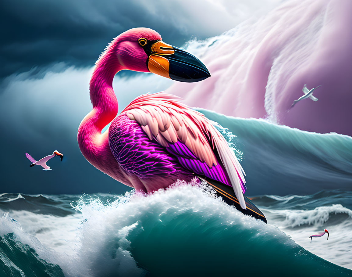 Pink flamingo on turquoise wave with dramatic sky and seagulls